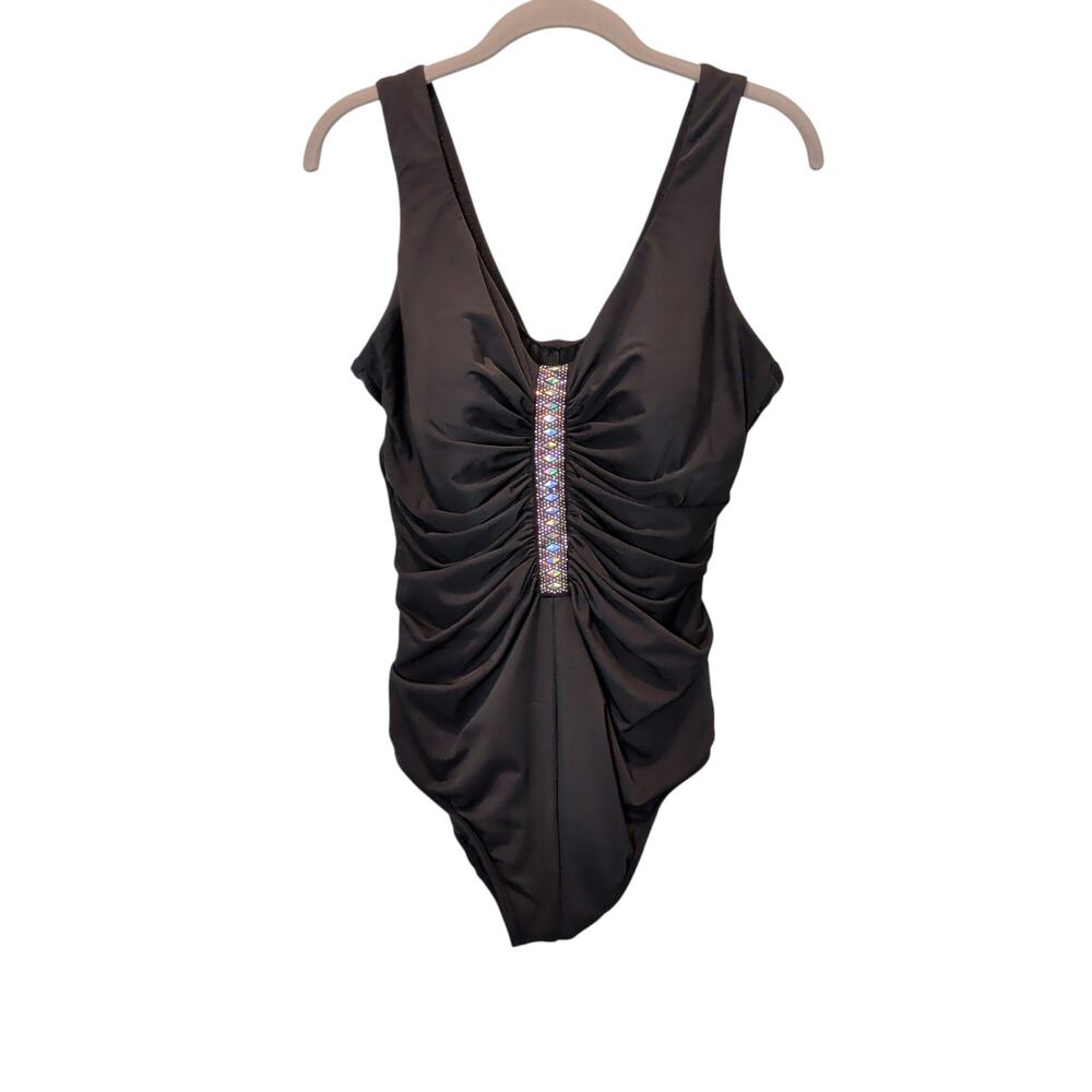Miraclesuit Womens Sz 18W Black One Piece Flattering Swimsuit Jewelled Slimming